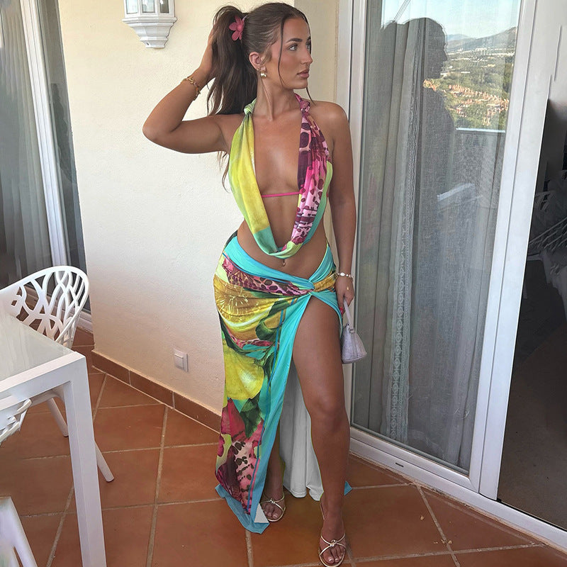 Sexy Summer Halter Top & Split Maxi Skirt Set - Backless & Twisted