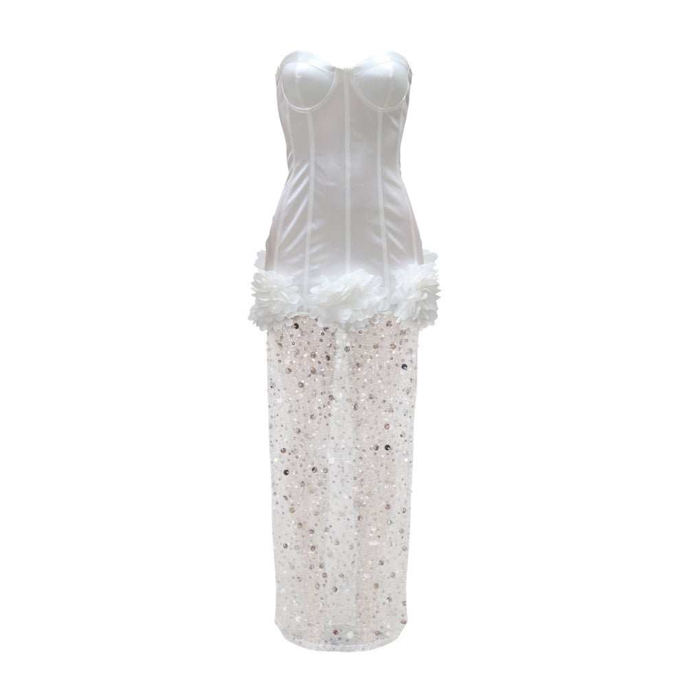 Sexy Sweetheart Tube Top Maxi Dress - Satin & Tulle Patchwork