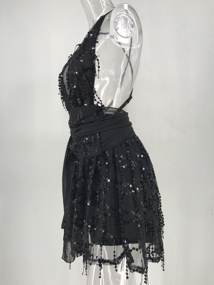 Women's Sequin Tassel Halter Backless Beach Mini Dress
