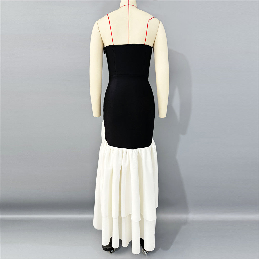 Black & White Patchwork Strapless Asymmetric Maxi Dress