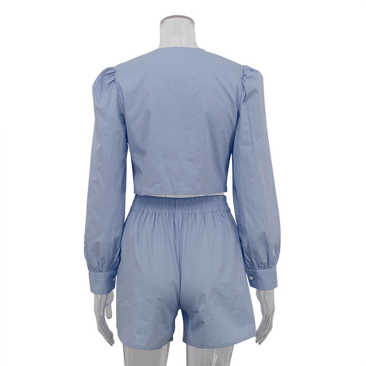 Blue Ruched Cardigan & Shorts Set