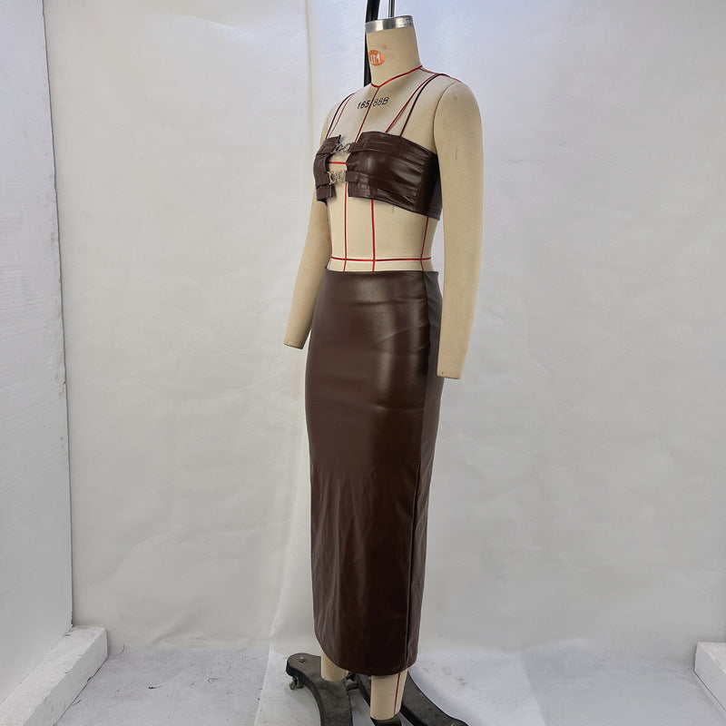 Spaghetti Strap Leather Top & Skirt Set