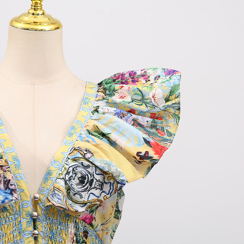 Boho Vacation Maxi Dress - Printed V-Neck Slim Fit with Flutter Sleeves