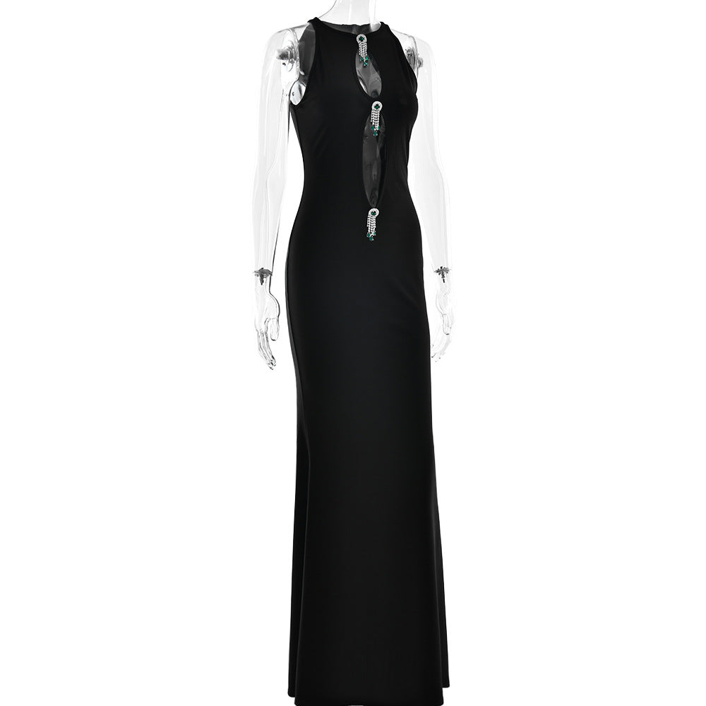 Elegant Cutout Rhinestone Fishtail Maxi Dress