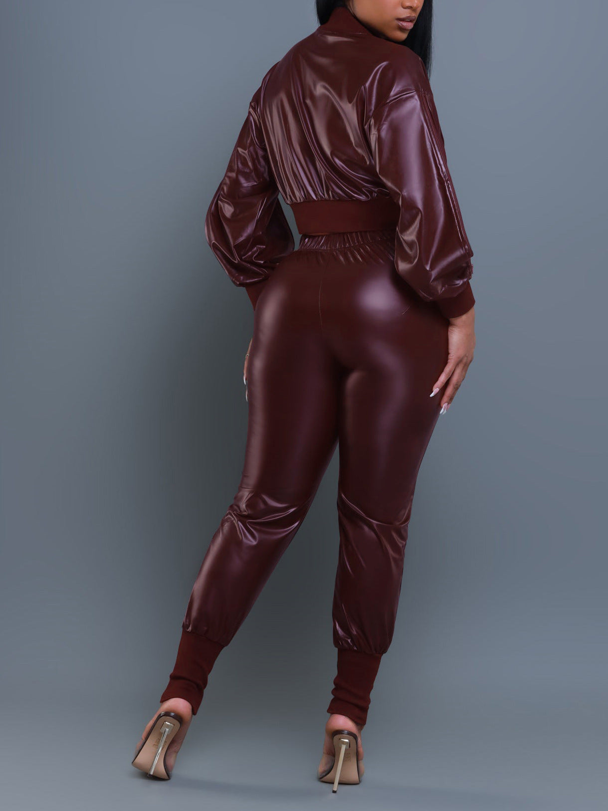 Zippered Faux Leather Two-Piece Outfit