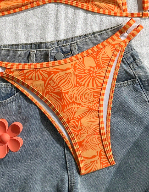 Printed Spaghetti Strap Cutout Bikini Set | Boho Beach Vacation Swimsuit | Orange | Sizes S-XL