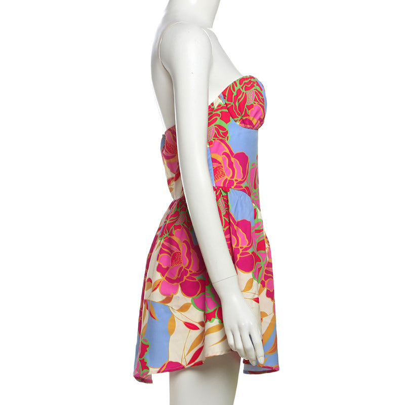 Sexy Floral A-Line Mini Dress - Sweetheart Backless & Ruched