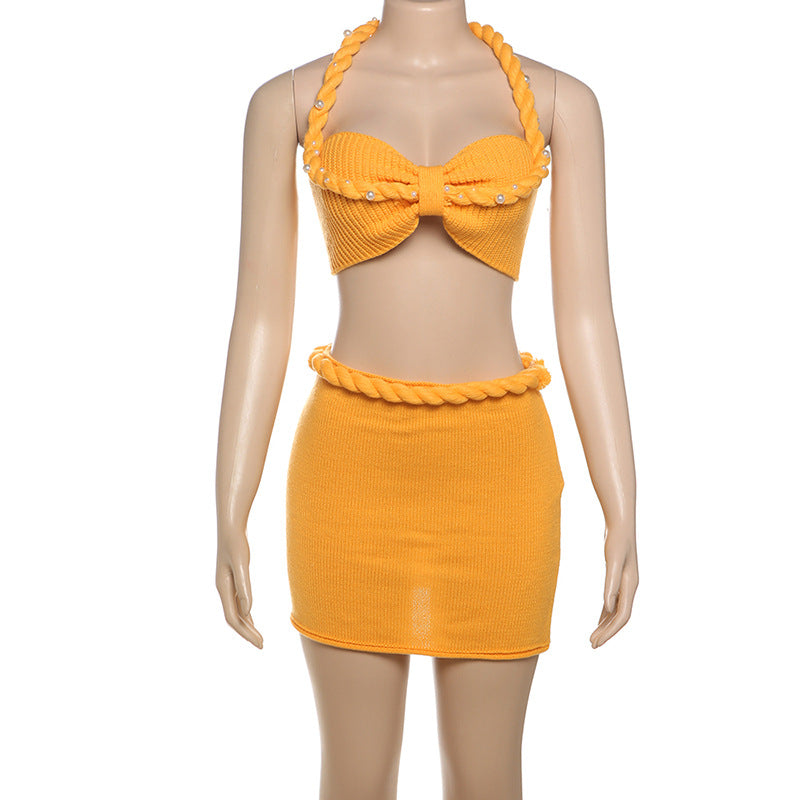 Sexy Halter Beaded Lace-Up Two-Piece Skirt Set