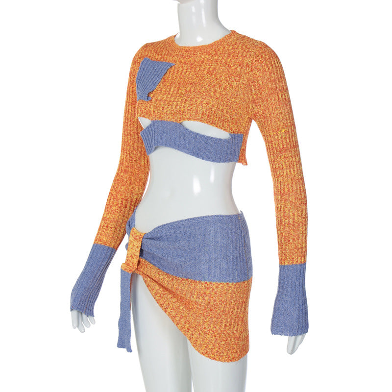 Sexy Color Block Cutout Crop Top & Skirt Set - Long Sleeve