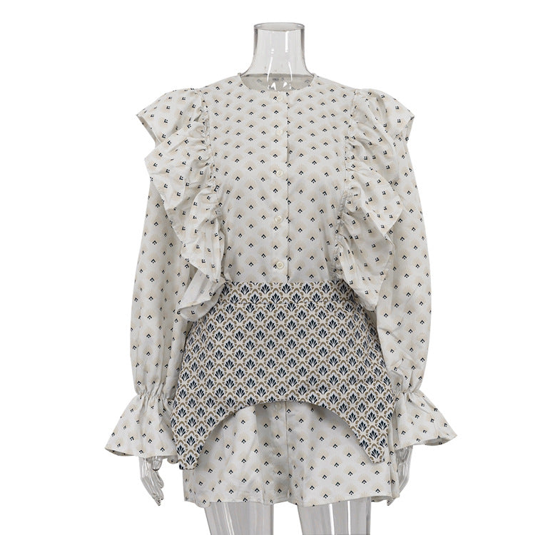 Elegant Printed A-Line Mini Dress - Ruffle Panel Sleeves