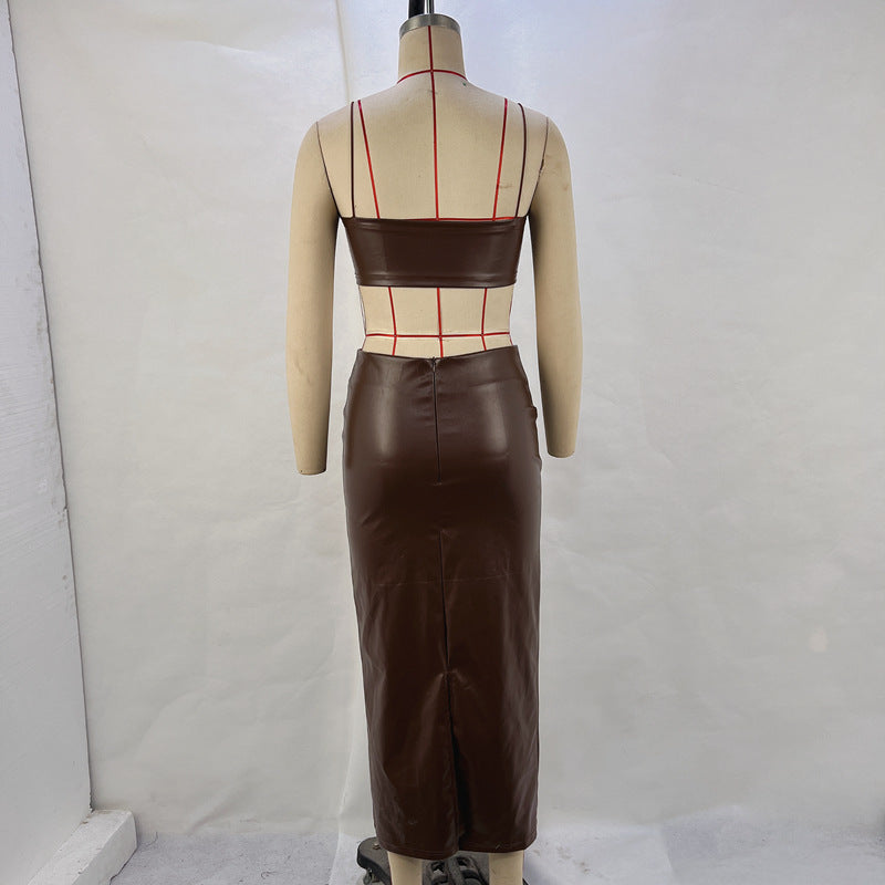 Spaghetti Strap Leather Top & Skirt Set