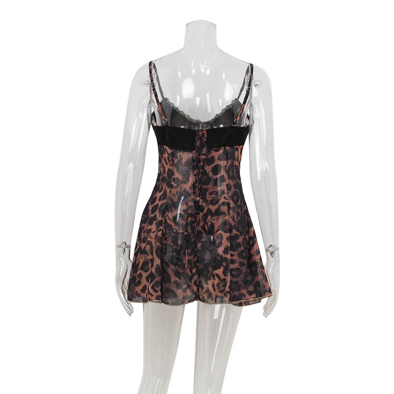 Leopard Print Mini Dress: Strappy Low Cut Lace Bodycon