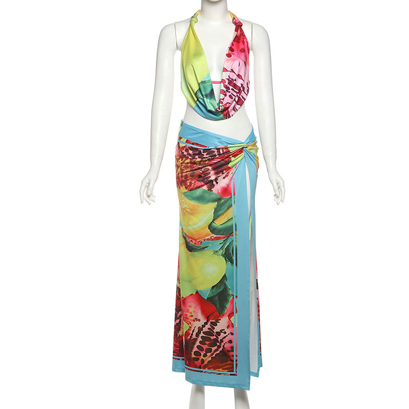 Sexy Summer Halter Top & Split Maxi Skirt Set - Backless & Twisted