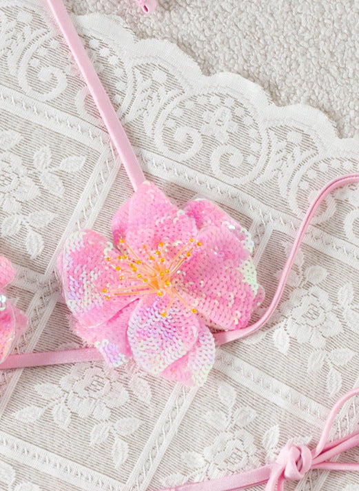 Sequined Floral Halter Bikini Set - Two Piece Swimsuit