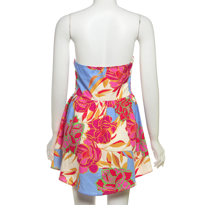 Sexy Floral A-Line Mini Dress - Sweetheart Backless & Ruched