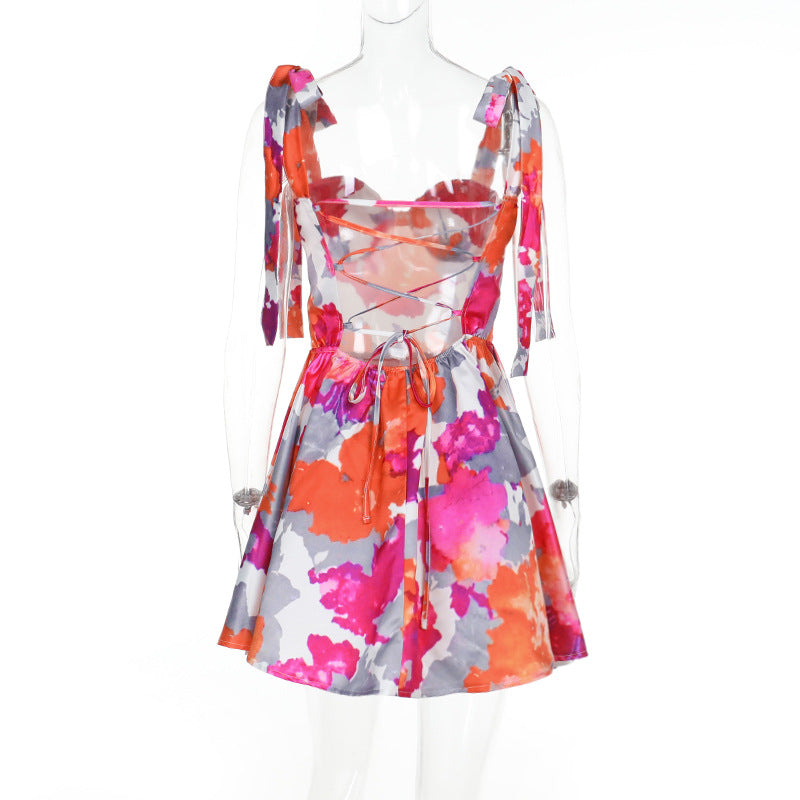 Printed Sweetheart Mini Dress - Sexy Backless Slimming A-Line