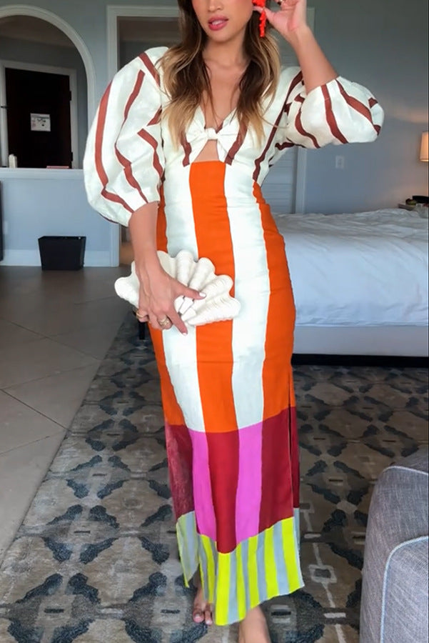 Summer Sexy Maxi Dress - Printed V-Neck with Split & Twisted Details