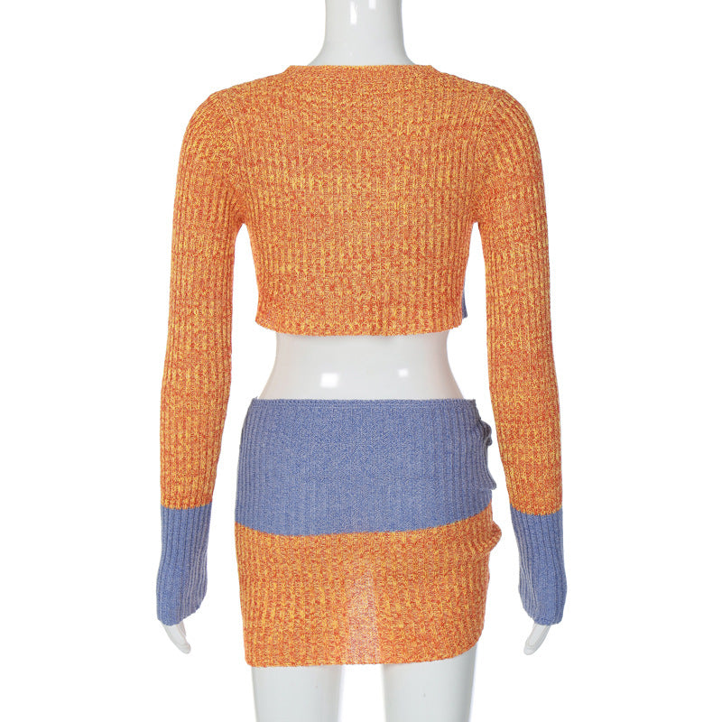 Sexy Color Block Cutout Crop Top & Skirt Set - Long Sleeve