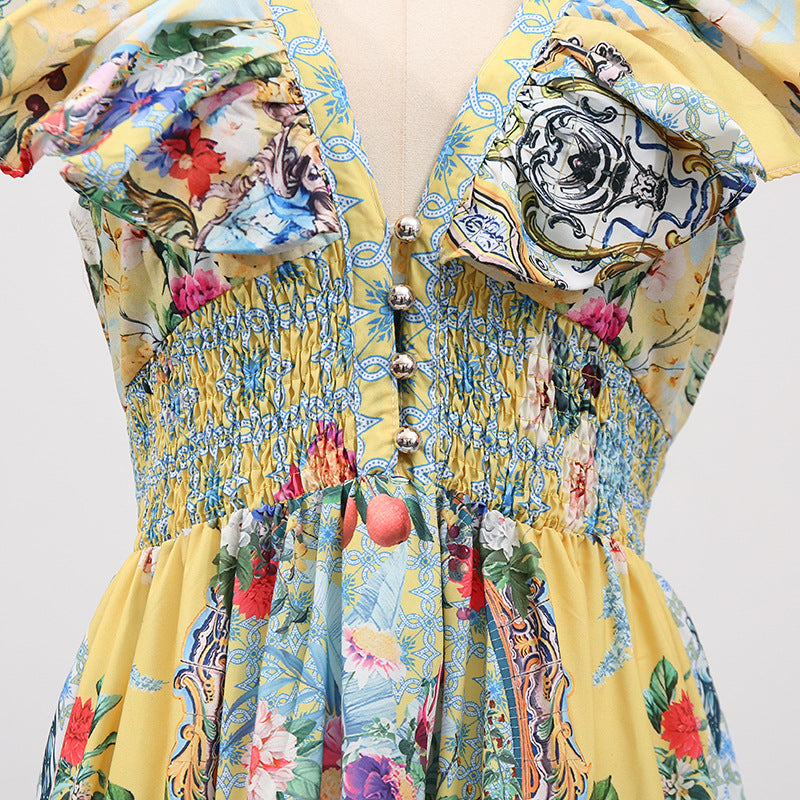 Boho Vacation Maxi Dress - Printed V-Neck Slim Fit with Flutter Sleeves