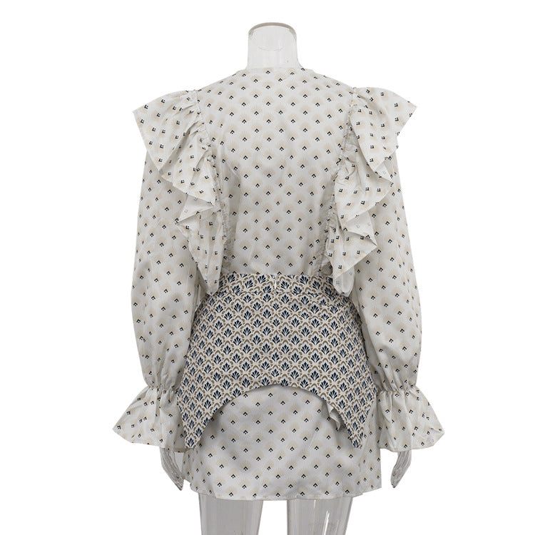 Elegant Printed A-Line Mini Dress - Ruffle Panel Sleeves