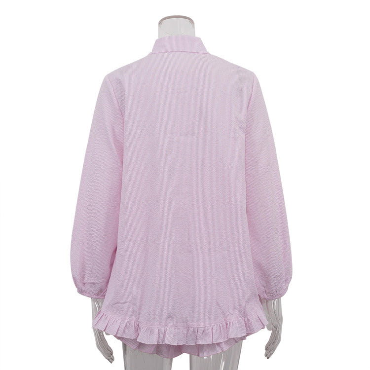 Elegant Striped Shirt & Shorts Set - Collared Puff Sleeve Outfit