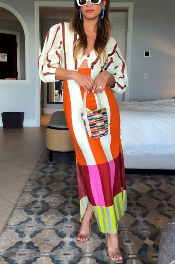 Summer Sexy Maxi Dress - Printed V-Neck with Split & Twisted Details