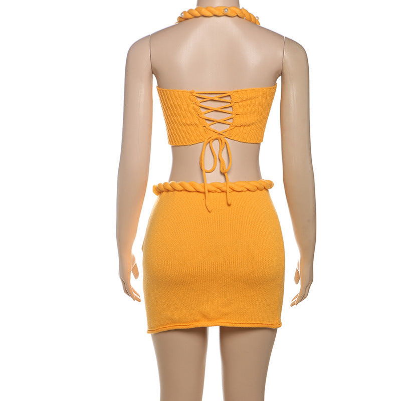 Sexy Halter Beaded Lace-Up Two-Piece Skirt Set