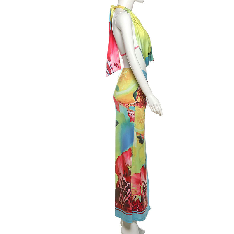 Sexy Summer Halter Top & Split Maxi Skirt Set - Backless & Twisted
