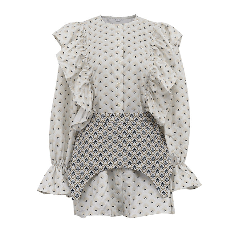 Elegant Printed A-Line Mini Dress - Ruffle Panel Sleeves