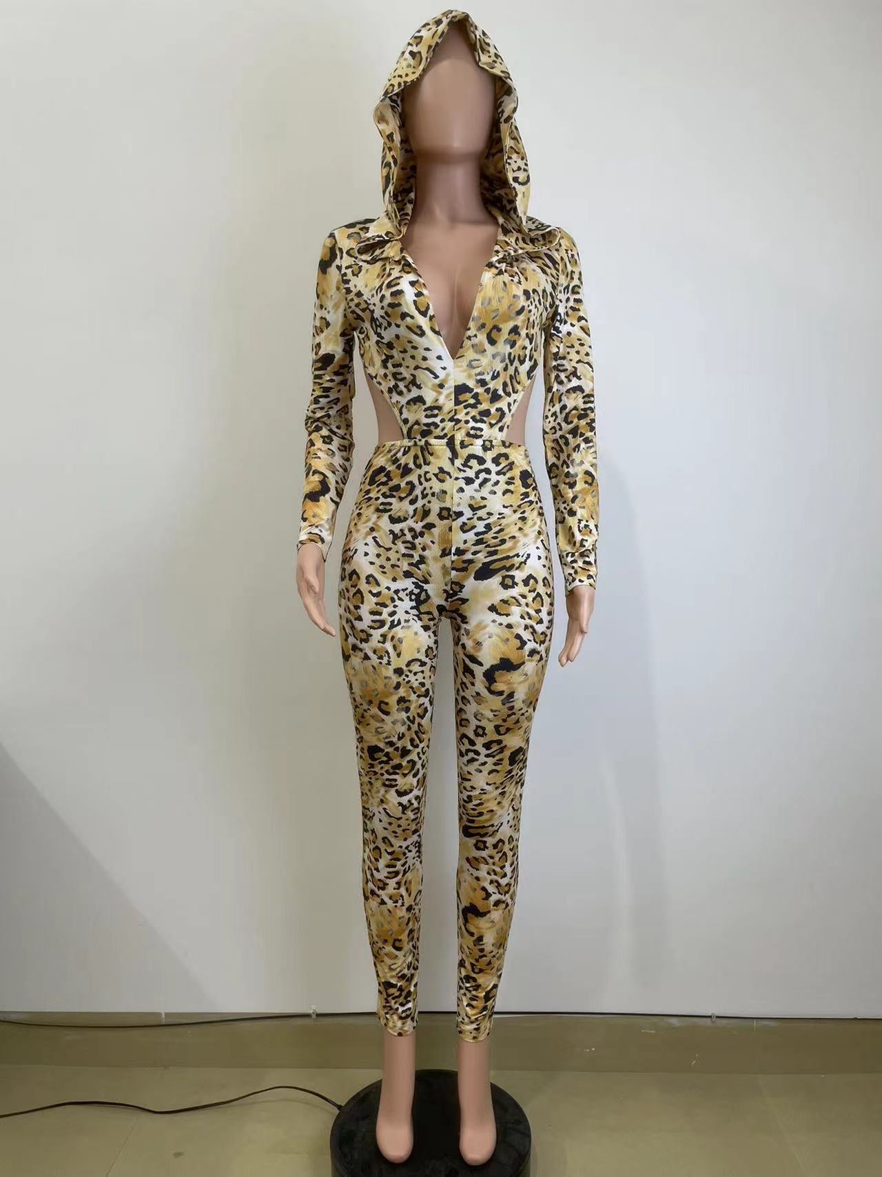 The Hooded Backless Leopard Jumpsuit
