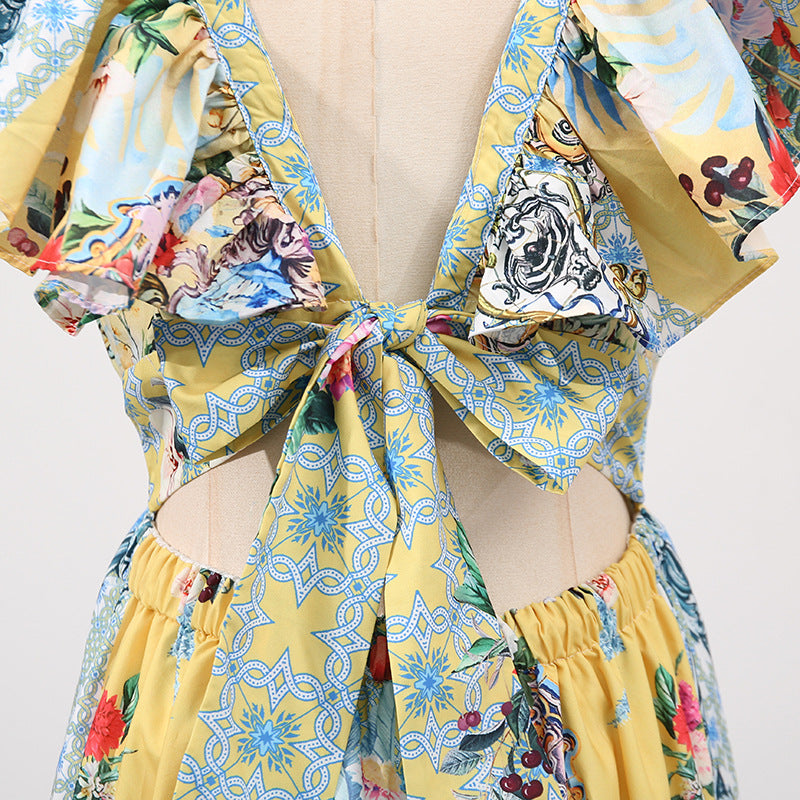 Boho Vacation Maxi Dress - Printed V-Neck Slim Fit with Flutter Sleeves