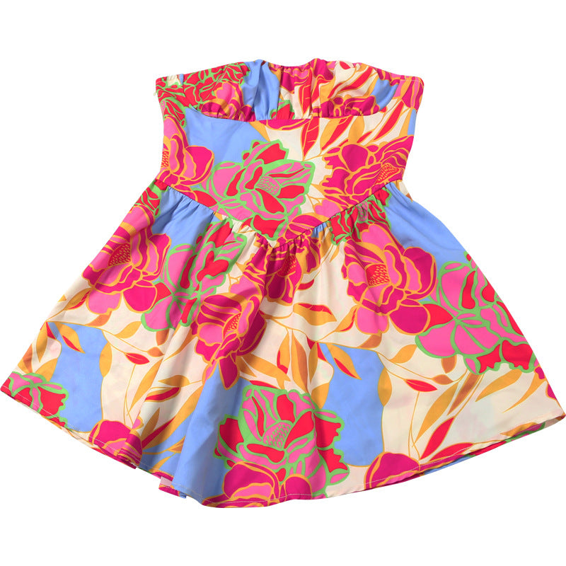 Sexy Floral A-Line Mini Dress - Sweetheart Backless & Ruched