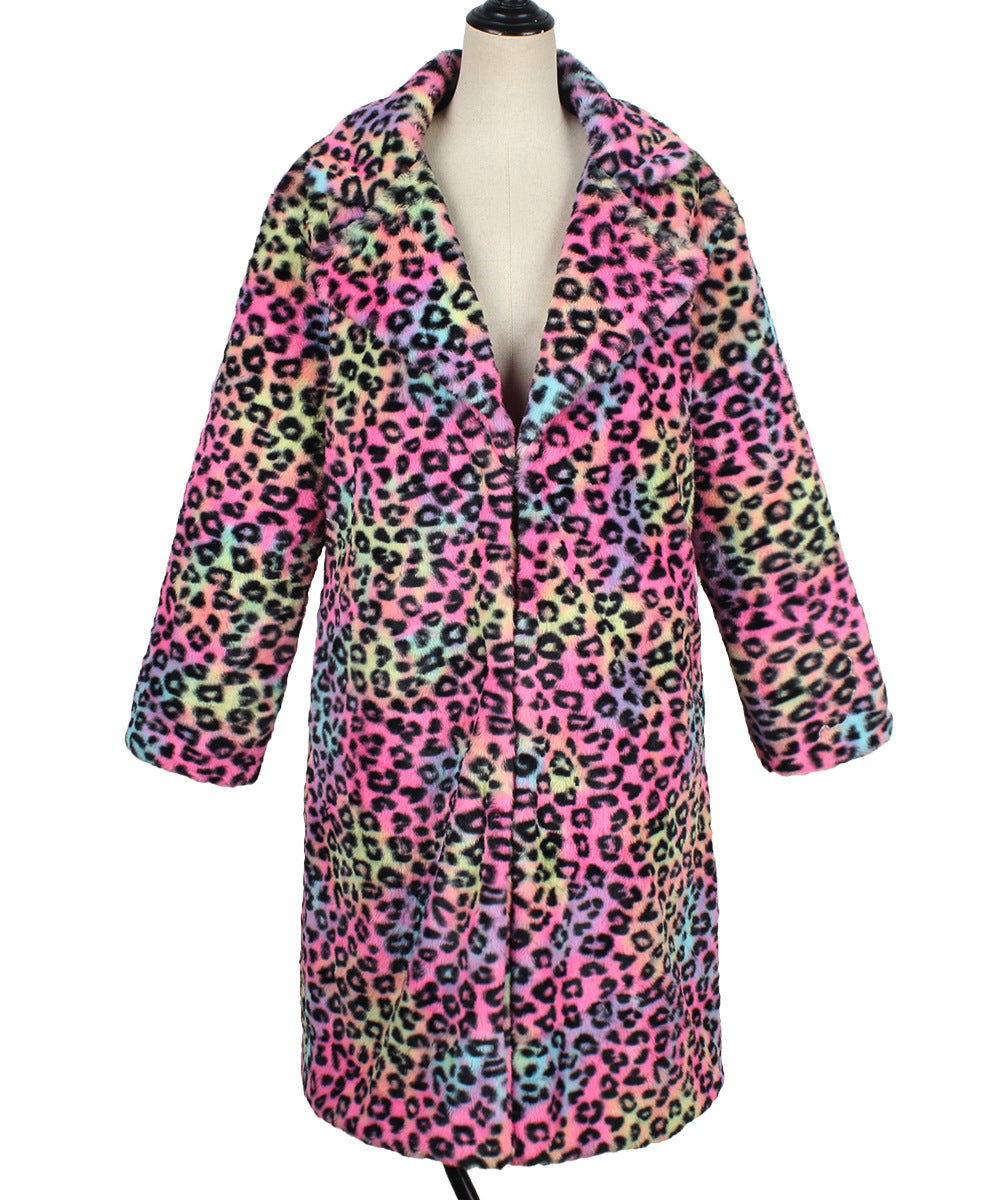 Casual Leopard Print Faux Fur Trench Coat: Square Collar Plush Longline Jacket
