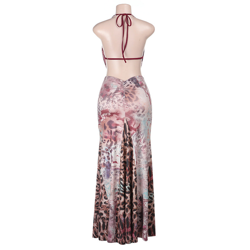 Summer Backless Animal Print Maxi Dress - Ruched Cowl Neck Bodycon