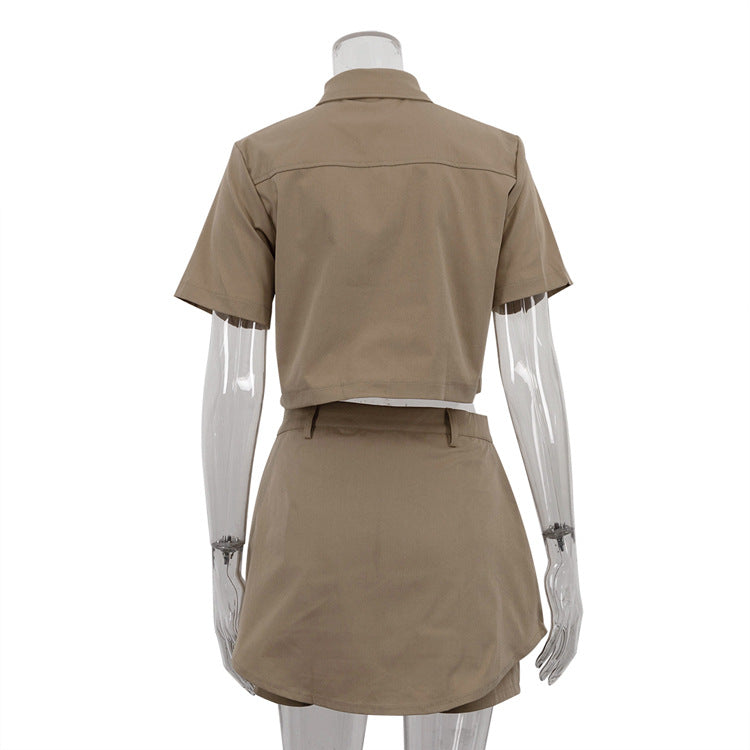 Elegant Retro Collared Top & High-Waisted Skirt Set - Summer
