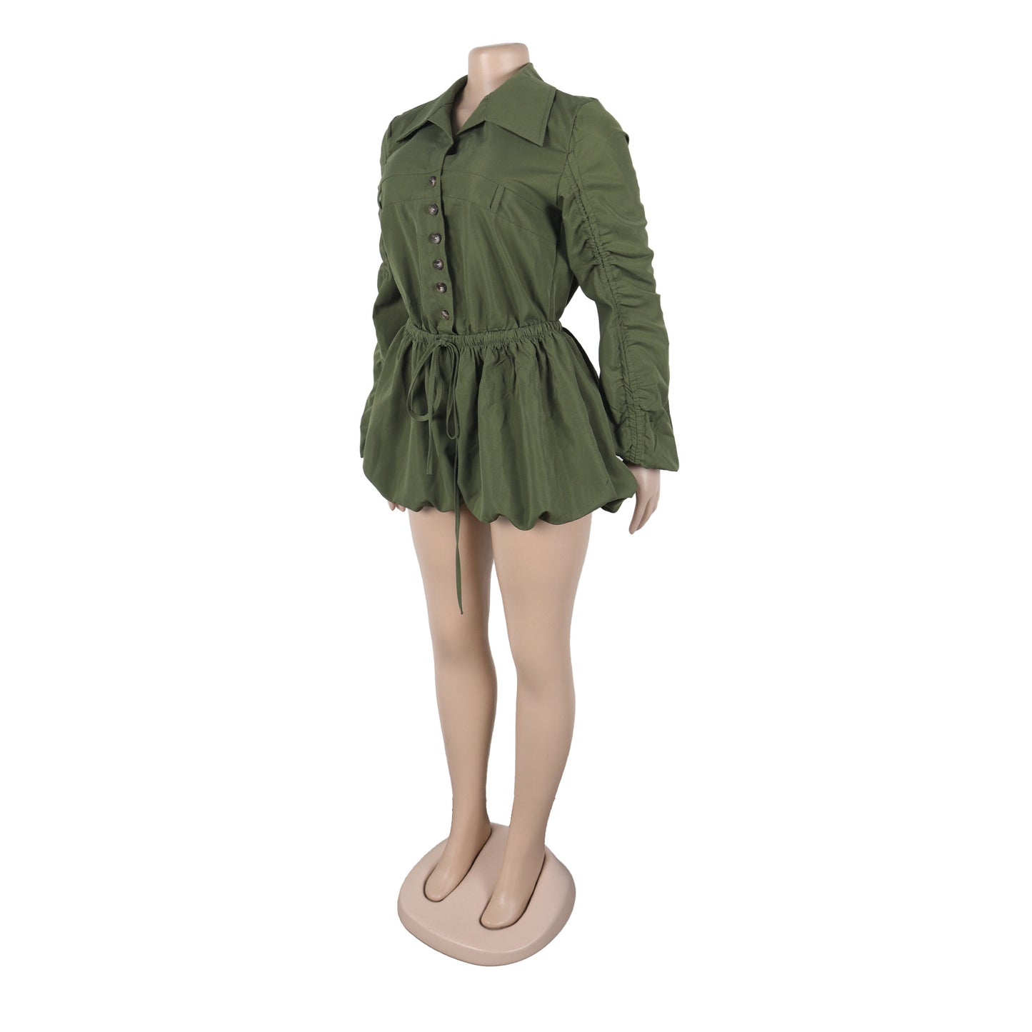 Women’s Casual Button-Up Jumpsuit – Collared Long Sleeve Romper with Ruched Waist and Loose Fit