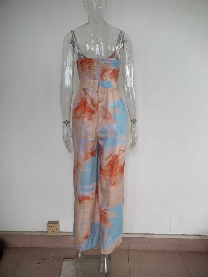 Sky Blue Printed Jumpsuit - High Waist Wide Leg Suspender Style