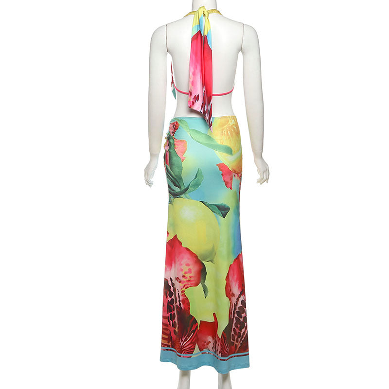 Sexy Summer Halter Top & Split Maxi Skirt Set - Backless & Twisted