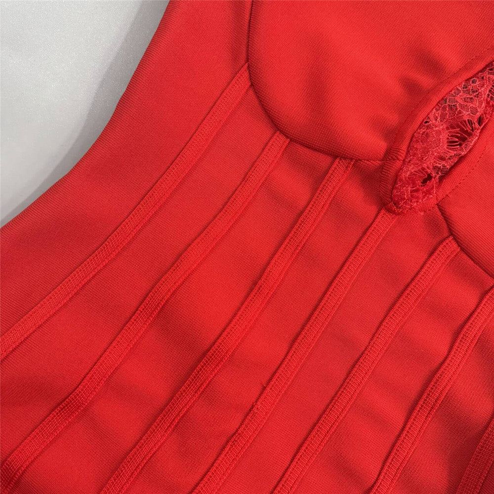 Red Floral Bandage Mini Dress: Halter Backless Lace Trim