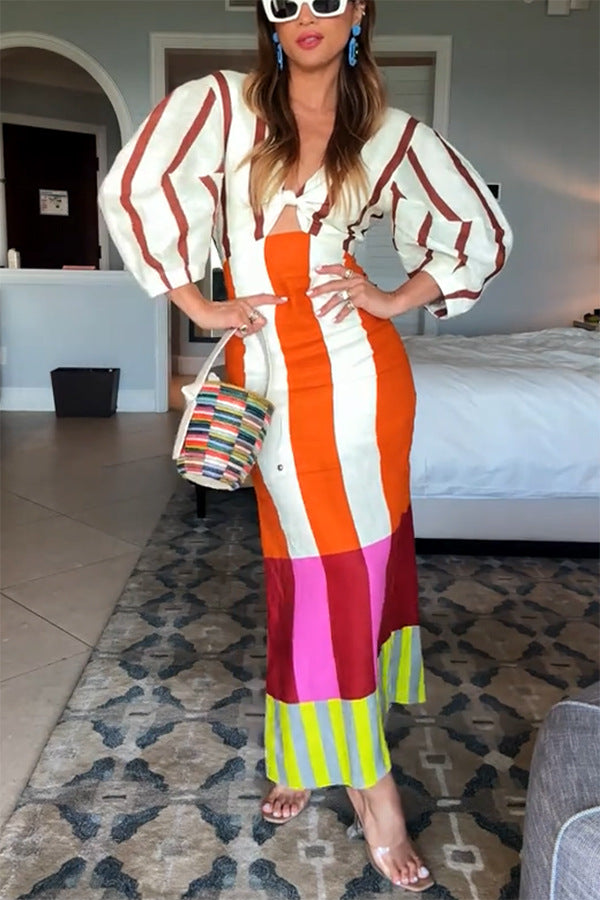Summer Sexy Maxi Dress - Printed V-Neck with Split & Twisted Details