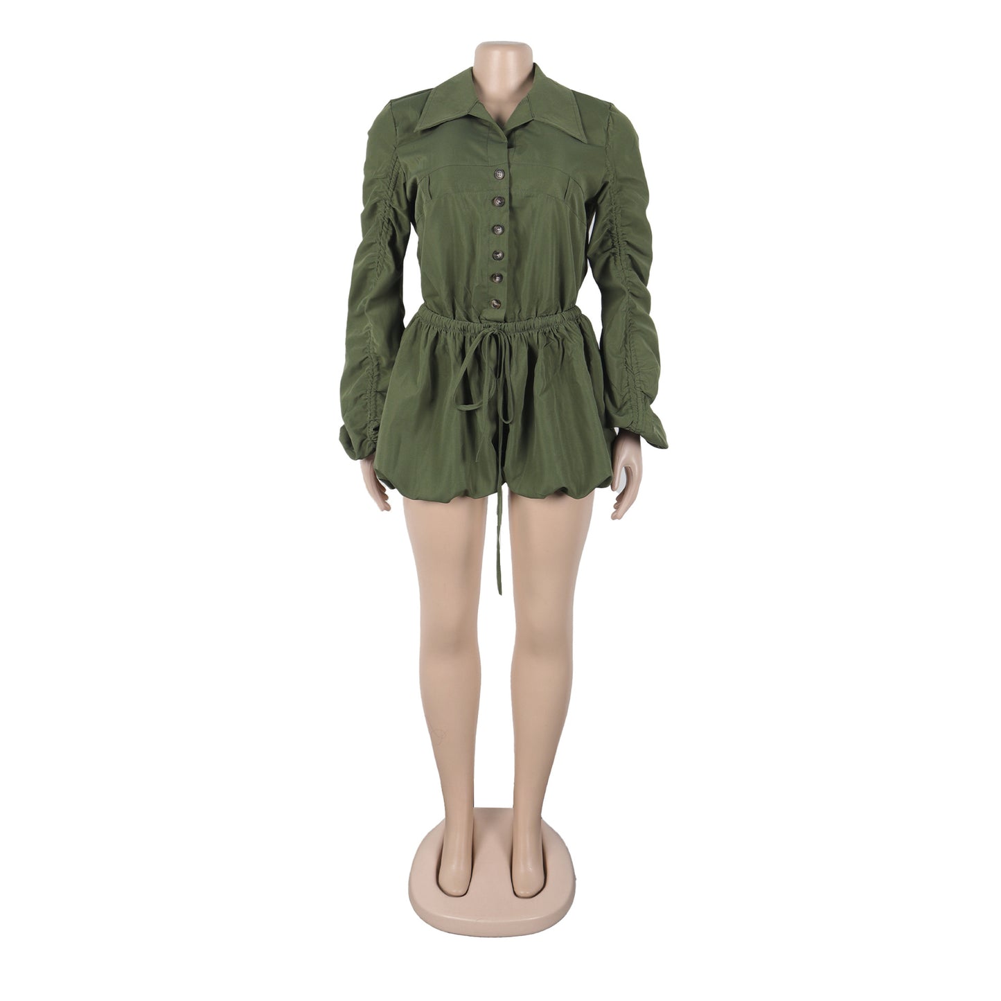 Women’s Casual Button-Up Jumpsuit – Collared Long Sleeve Romper with Ruched Waist and Loose Fit