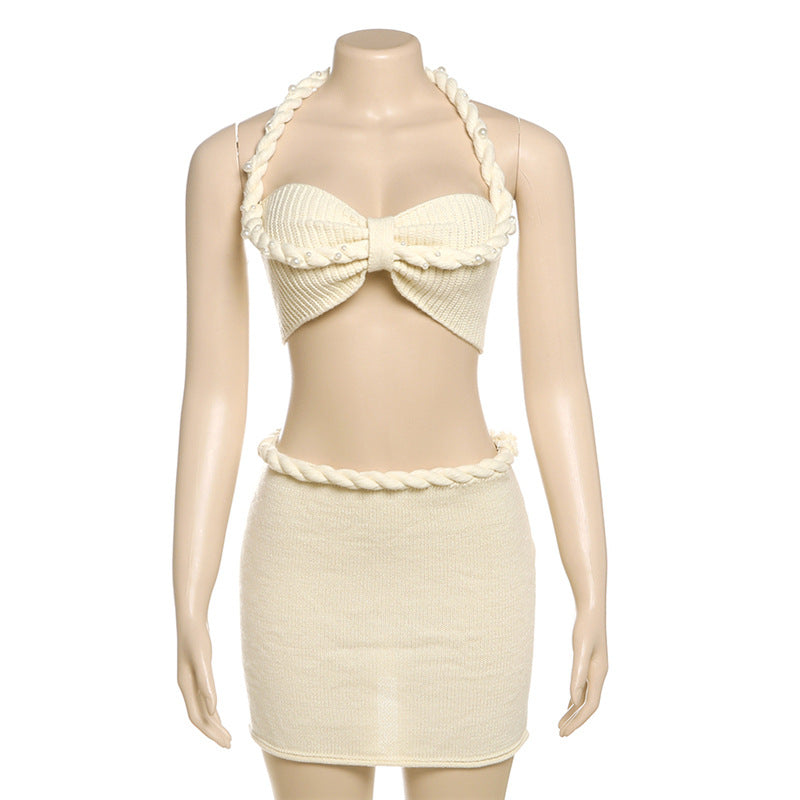 Sexy Halter Beaded Lace-Up Two-Piece Skirt Set