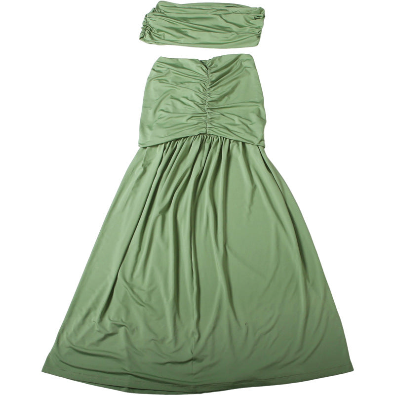 Two Piece Skirt Set - One Shoulder Crop Top & Ruched Maxi Skirt with Ribbon