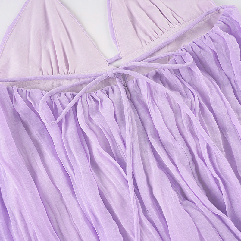 Halter Backless Ruched Mini Dress | Cutout Tie A-Line Vacation Dress | Purple