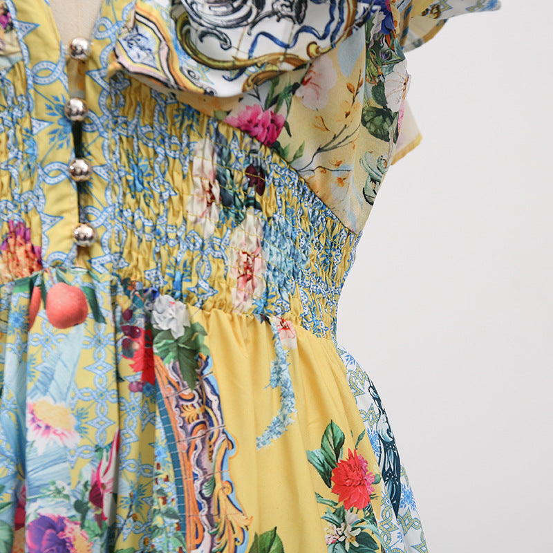 Boho Vacation Maxi Dress - Printed V-Neck Slim Fit with Flutter Sleeves