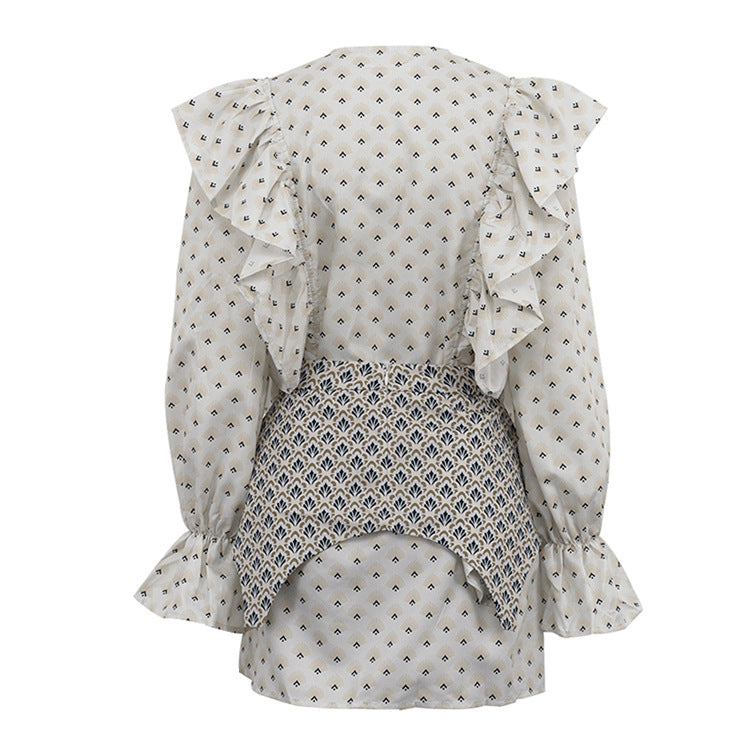 Elegant Printed A-Line Mini Dress - Ruffle Panel Sleeves