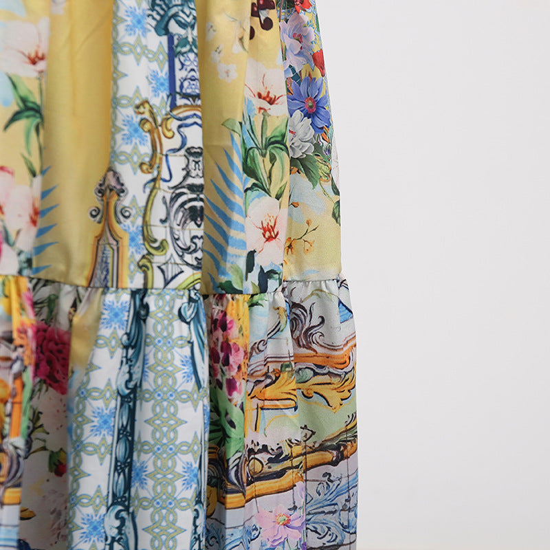Boho Vacation Maxi Dress - Printed V-Neck Slim Fit with Flutter Sleeves