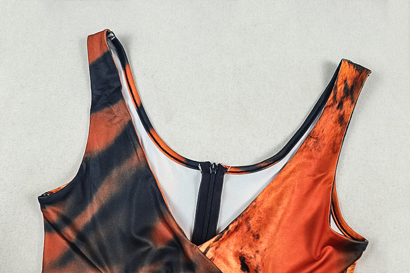 Women’s Tiger Print Jumpsuit – Sleeveless V-Neck Slim Fit, Full Length