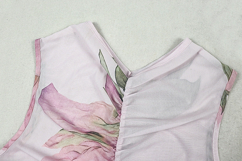 Apricot Pink Floral V-Neck Maxi Dress - Ruched Sleeveless Bodycon Dress