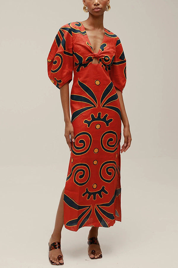 Summer Sexy Maxi Dress - Printed V-Neck with Split & Twisted Details